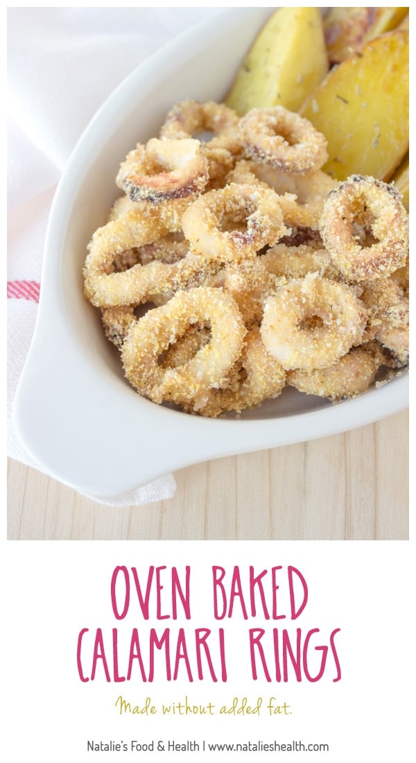 Crispy oven baked calamari rings prepared without added fat. Easy, simple and super healthy meal for the whole family. CLICK to read more, or PIN for later!