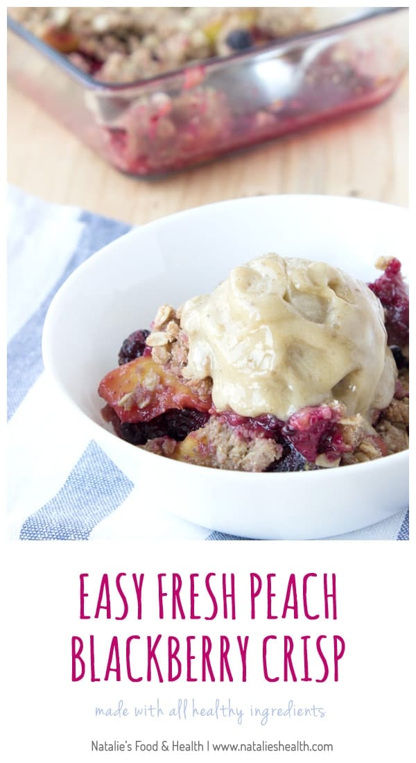 Easy fresh peach blackberry crisp made with all healthy ingredients, seasoned with warm and fragrant spices - cinnamon and nutmeg, sweetened with honey. This crisp is packed with nutrients and easily-digestible healthy fibers and so it's perfect breakfast or afternoon dessert/snack. CLICK to read more or PIN for later!