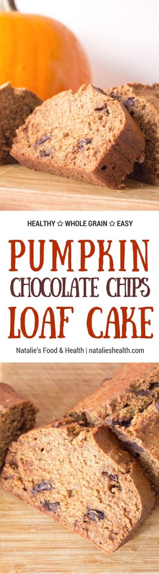 Delicious Pumpkin Loaf Cake made with all HEALTHY wholesome ingredients, packed with aromatic autumn spices - cinnamon, nutmeg, allspice and tons of sweet pumpkin flavor. #healthy #wholegrain #lowcalorie #skinny #pumpkin #holiday #thanksgiving #kidsfriendly #choocolate #fall #dessert | www.natalieshealth.com