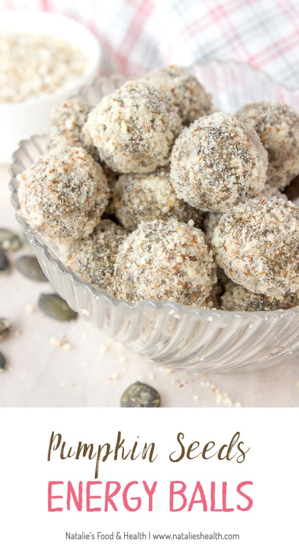 Soft, fragrant, super healthy Pumpkin Seeds Energy Balls made without added sugars. These energy balls are very nutritious, full of fibers, proteins, and healthy fats. An ideal healthy snack between meals. CLICK to grab recipe PIN for later! | Natalie's Food & Health | natalieshealth.com