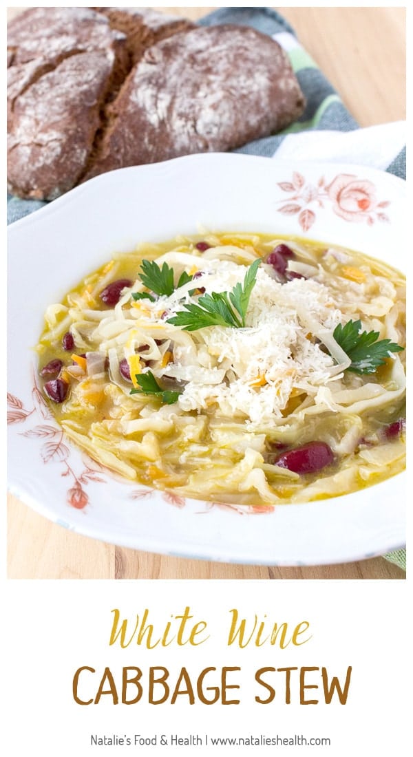 Super healthy and rich in taste, White Wine Cabbage Stew made with fresh cabbage, enriched with freshly grated Parmesan cheese. CLICK to grab recipe or PIN for later! | Natalie's Food & Health