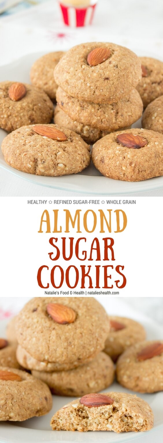 Crunchy, nutty with touch of caramel flavor, these HEALTHY refined sugar-free Almond Sugar Cookies are the perfect Holiday sweet treat. #Christmas #cookies #holiday #almond #sugarfree #healthy #wholegrain #kidsfriendly #familly #dessert | www.natalieshealth.com