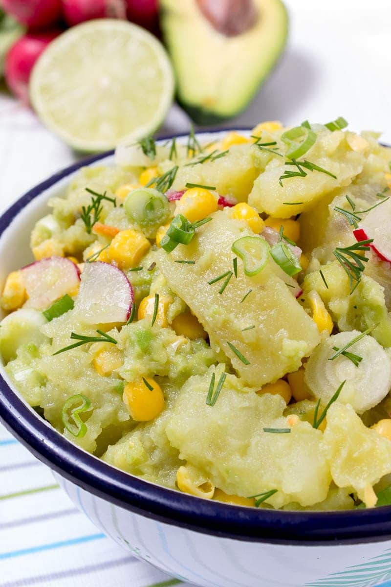 Creamy no-mayo Avocado Potato Salad with Spring Onions and Radishes