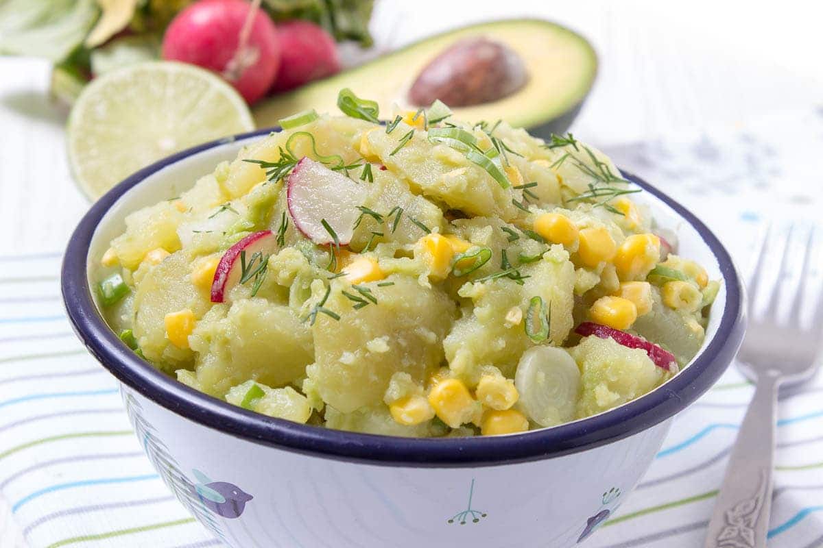 Creamy no-mayo Avocado Potato Salad with Spring Onions and Radishes