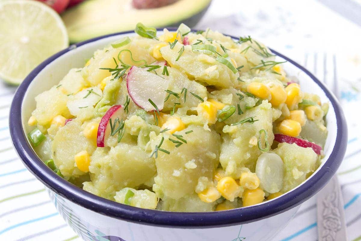 Creamy no-mayo Avocado Potato Salad with Spring Onions and Radishes