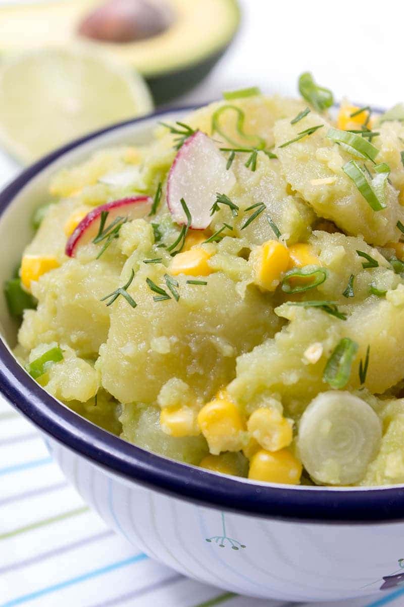 Creamy no-mayo Avocado Potato Salad with Spring Onions and Radishes