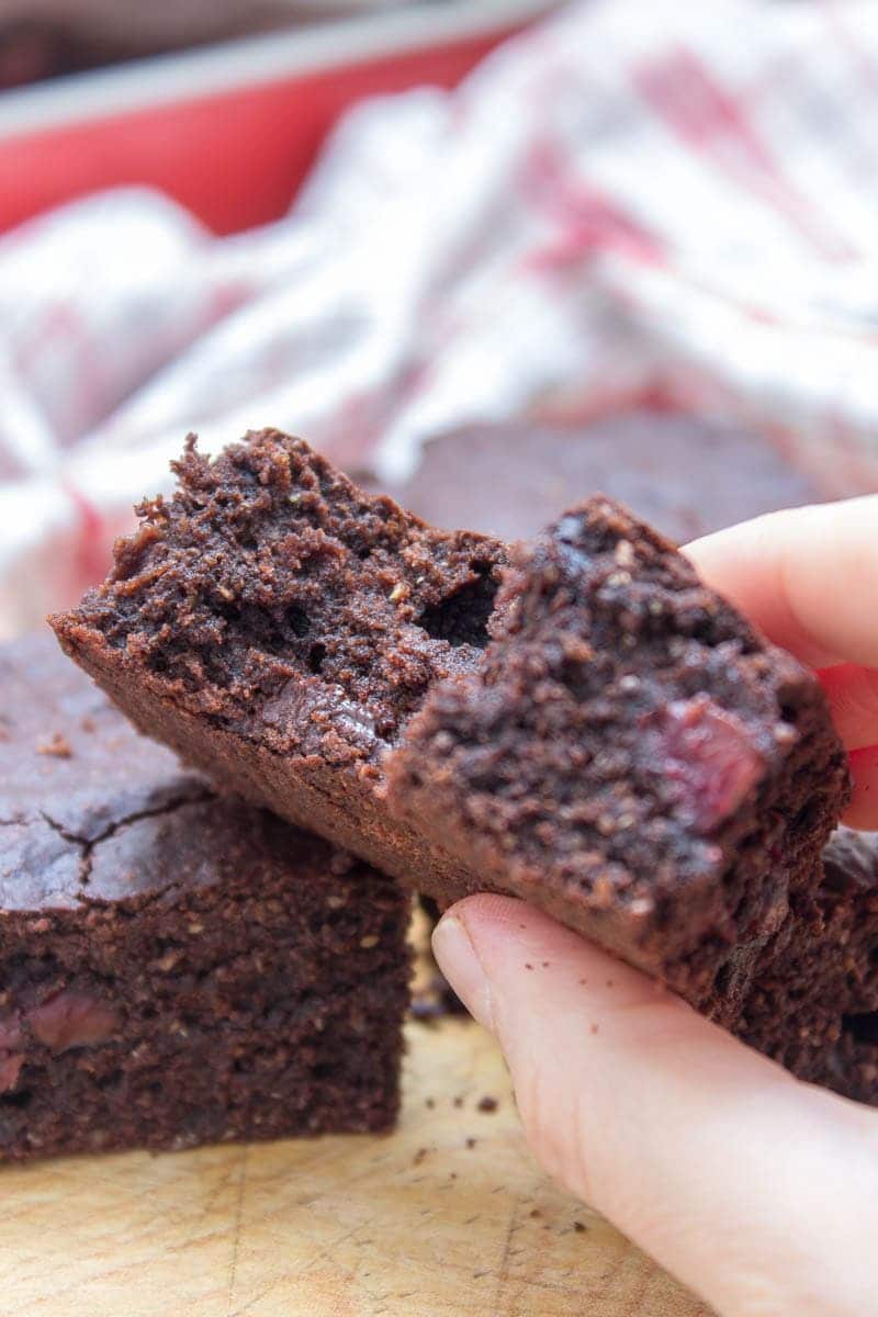 Rich, decadent, and chocolatey, these refined sugar-free Dark Chocolate Cherry Brownies are destined to delight you. Made with all HEALTHY ingredients, loaded with dark chocolate and sweet cherries, these brownies are truly a chocolate lover’s dream! #healthy #wholegrain #sugarfree #chocolate #cherry #lowcalorie #dairyfree#summer #whole30 #weightloss | natalieshealth.com 