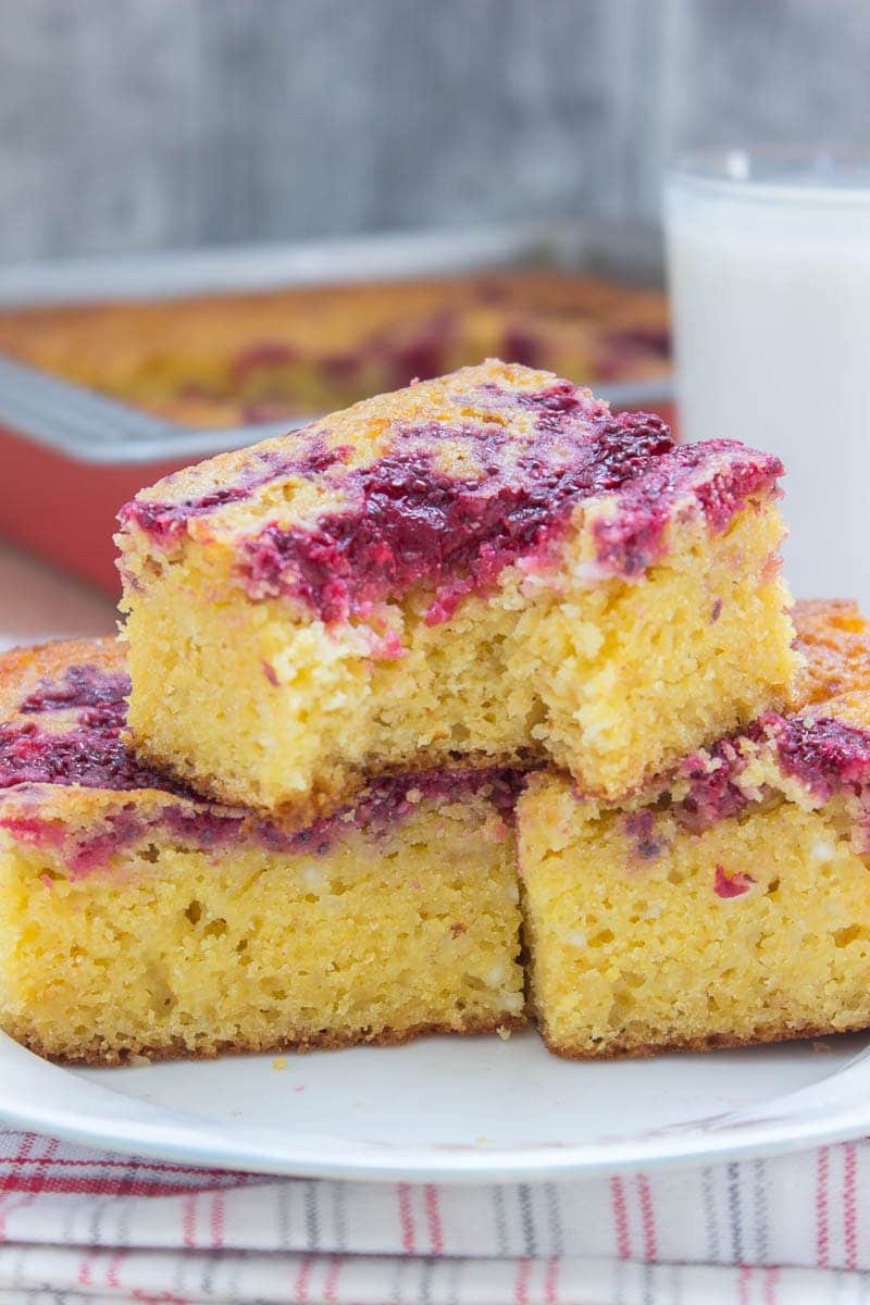 Moist, tender and full of corn flavor Sour Cherry Chia Jam Cornbread made with all HEALTH ingredients, refined sugar-free, wholesome and it's moderate in calories. Perfect for BBQ, holiday table or any celebration. #glutenfree #sugarfree #healthy #kidsfriendly #lowcalorie #whole30 #weightloss #bbq #summer #dessert #holiday #chia #cherry | natalieshealth.com
