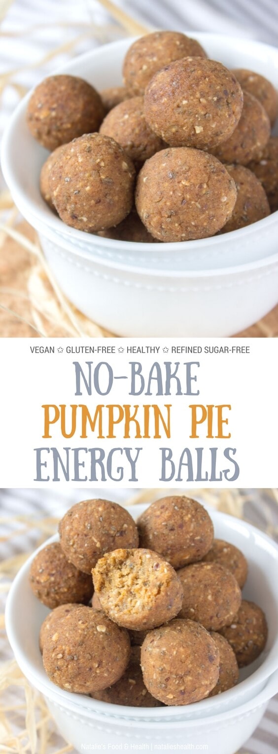 Soft, fragrant and deliciously sweet Pumpkin Pie Energy Balls are the perfect grab-and-go snack. These raw bites are loaded with beautiful Fall flavors and nutritious ingredients, yet made without any added sugars! The true guilt-free sweet treat. #Vegan #GlutenFree #DairyFree #Healthy #Snack #Pumpkin #SugarFree #LowCarb #LowCalorie | www.natalieshealth.com