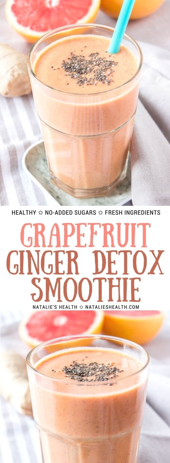 This immune-boosting Grapefruit Ginger Smoothie is perfect for waking up your body and energizing. It's packed with citrus flavor and super creamy, added sugar-free and great for after Holiday detox. #smoothie #detox #weighloss #breakfast #healthy #healthylife #healthylifestyle #health #food #healthyfood #cleaneating #sugarfree #weightlossrecipes | natalieshealth.com