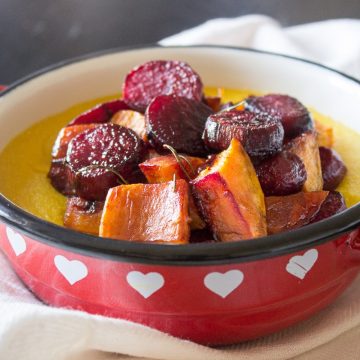 Creamy pumpkin polenta enriched with aromatic healing spice turmeric served with seasonal vegetables - beets and sweet potatoes roasted in the oven with sweet and sour balsamic dressing. CLICK to grab a recipe or PIN for later!