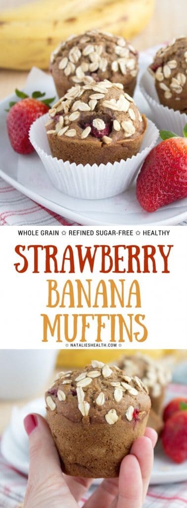 Healthy whole grain Strawberry Banana Muffins with fresh strawberries