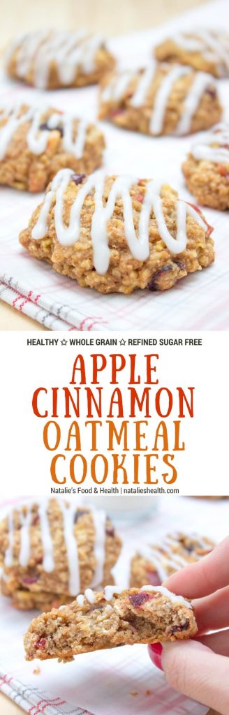 Soft and chewy Apple Cinnamon Oatmeal Cookies, perfect high-fiber breakfast or snack. These cookies are very nutritious, made with all HEALTHY ingredients and refined sugar-free. #cookie #breakfast #kidssnack #snack #school #healthy #wholegrain #sugarfree #fall #summer #apple | www.natalieshealth.com