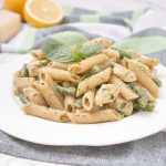 Easy Basil Pesto Chicken Pasta is the perfect HEALTHY weeknight meal for busy days. Packed with flavors and ready under 20 minutes! CLICK to read the recipe or PIN for later. [natalieshealth.com] #recipe #healthy #easy #family #chicken #low-fat #pasta #pesto