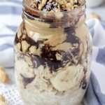Vegan gluten-free refined sugar-free Peanut Butter Maca Overnight Oats with raw chocolate and banana
