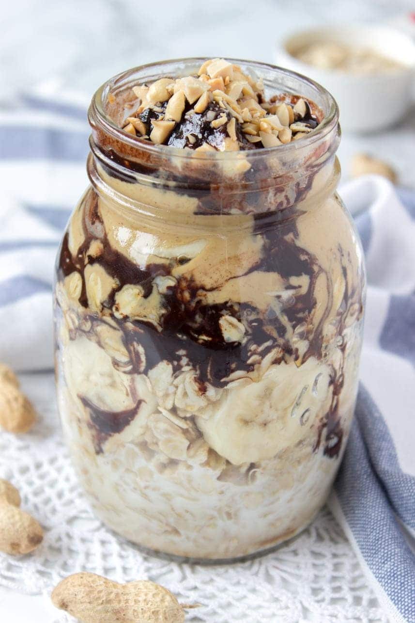 Peanut Butter Maca Overnight Oats with banana and chocolate