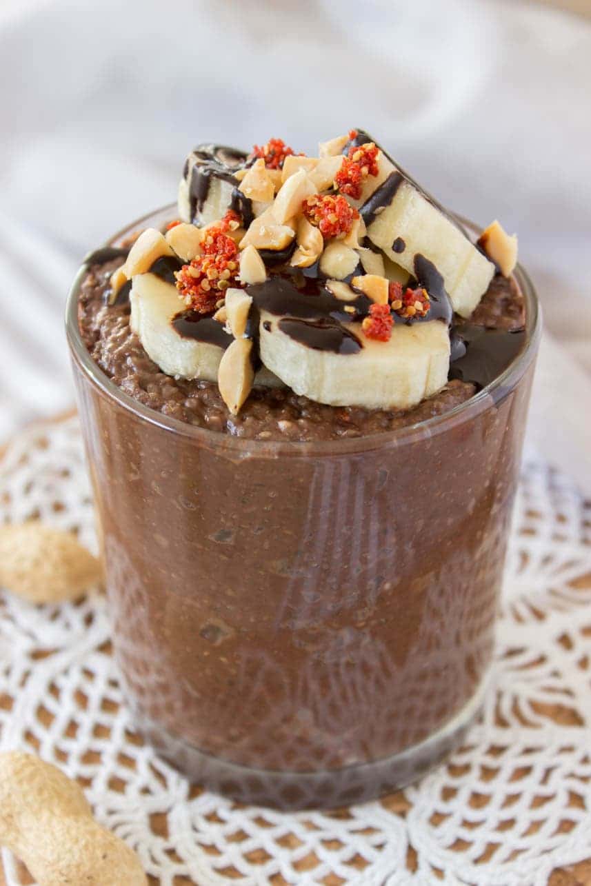 Healthy Chocolate Peanut Butter Chia Seed Pudding with maca powder and raw cacao powder