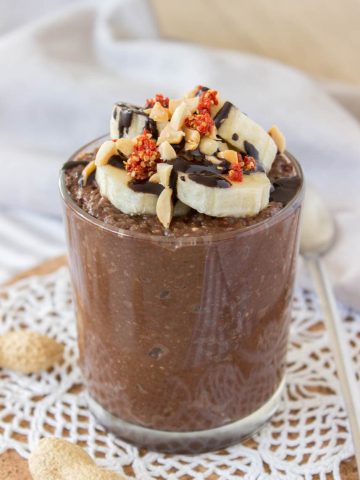 Healthy Chocolate Peanut Butter Chia Seed Pudding with maca powder and raw cacao powder