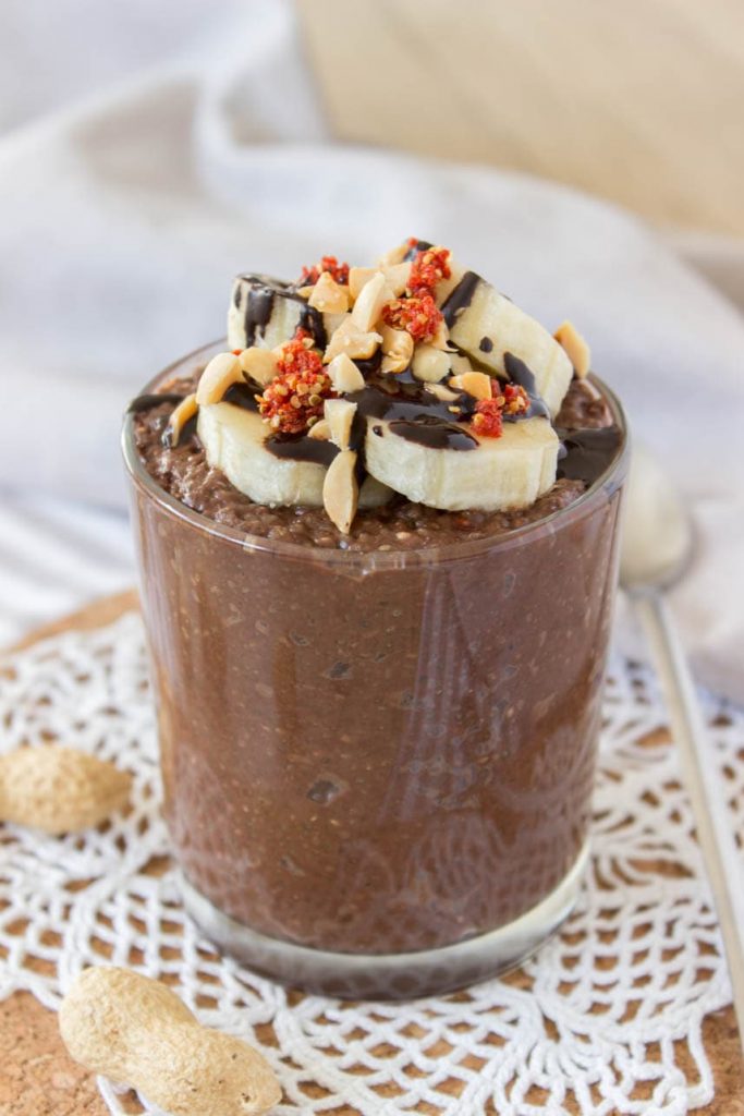 Healthy Chocolate Peanut Butter Chia Seed Pudding with maca powder and raw cacao powder