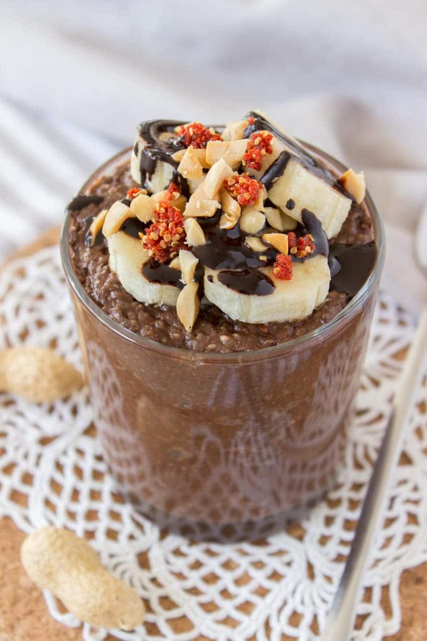 Healthy Chocolate Peanut Butter Chia Seed Pudding with maca powder and raw cacao powder