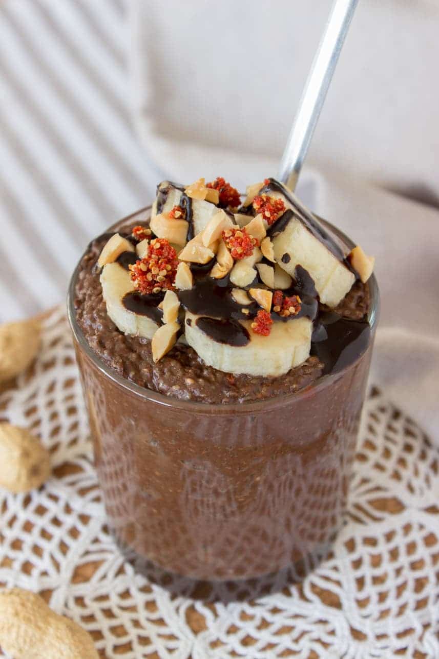 Healthy Chocolate Peanut Butter Chia Seed Pudding with maca powder and raw cacao powder