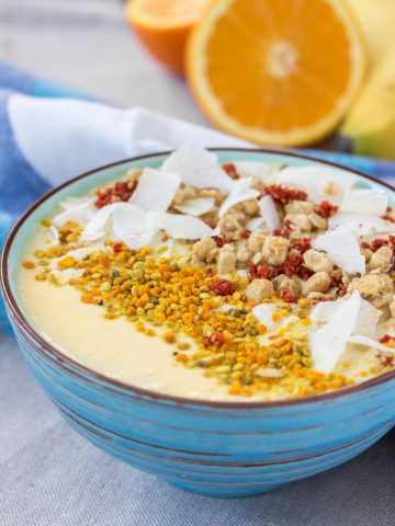 Healthy Gluten-free Refined sugar-free Orange Mango Turmeric Smoothie Bowl with TURMERIC
