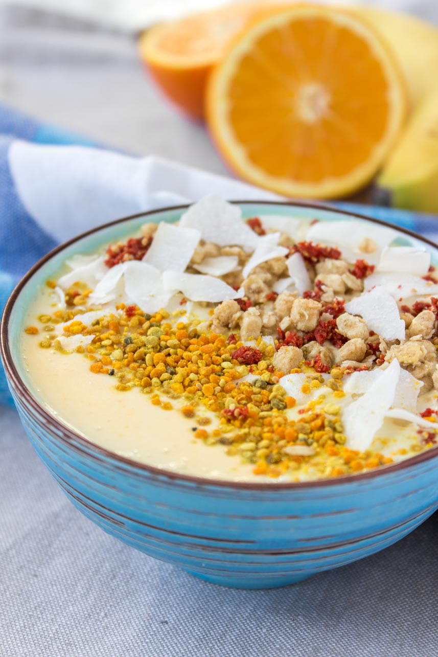 Healthy Vegan Gluten-free Refined sugar-free Orange Mango Turmeric Smoothie Bowl with TURMERIC