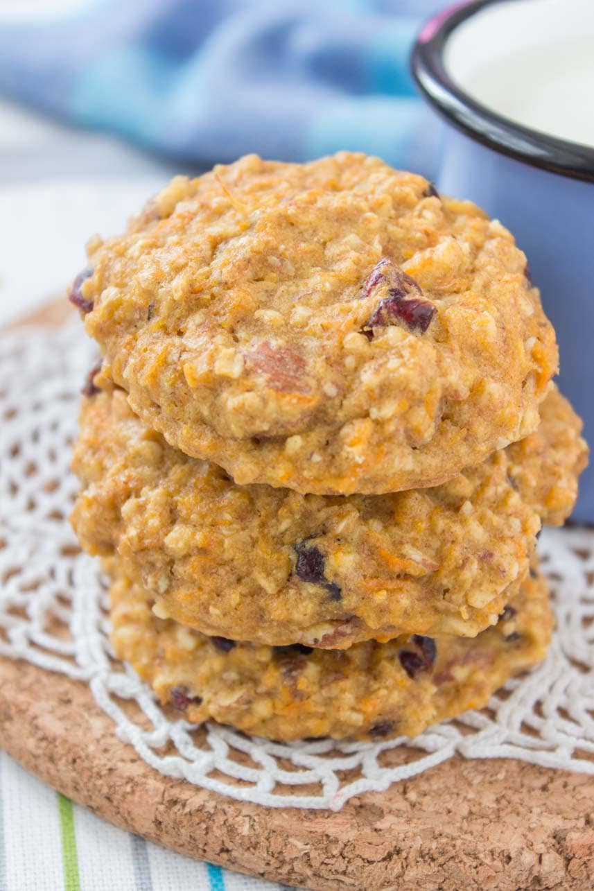 Healthy Orange Carrot Oatmeal Cookies with oats cranberries walnuts and ginger