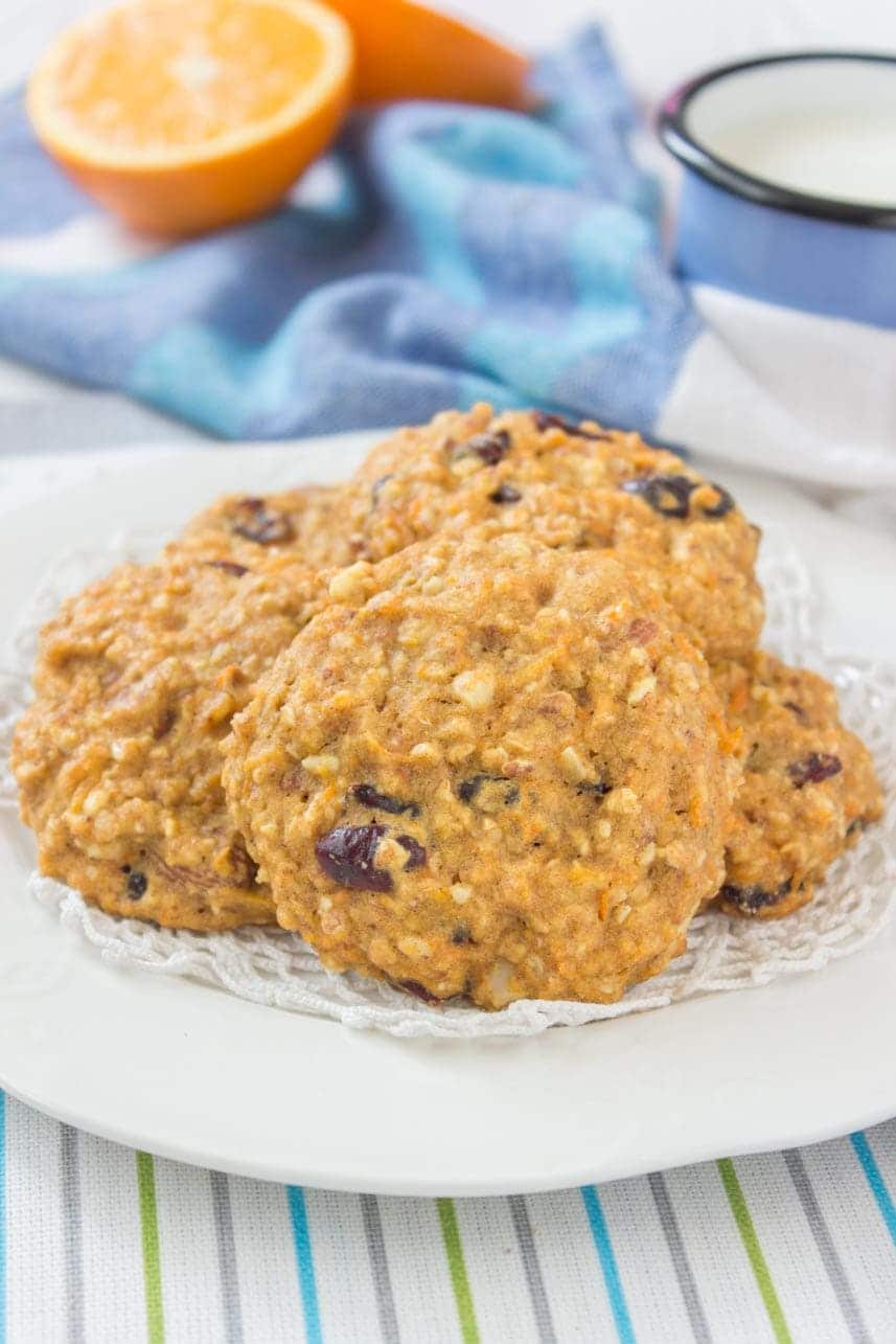 Healthy Orange Carrot Oatmeal Cookies with oats cranberries walnuts and ginger