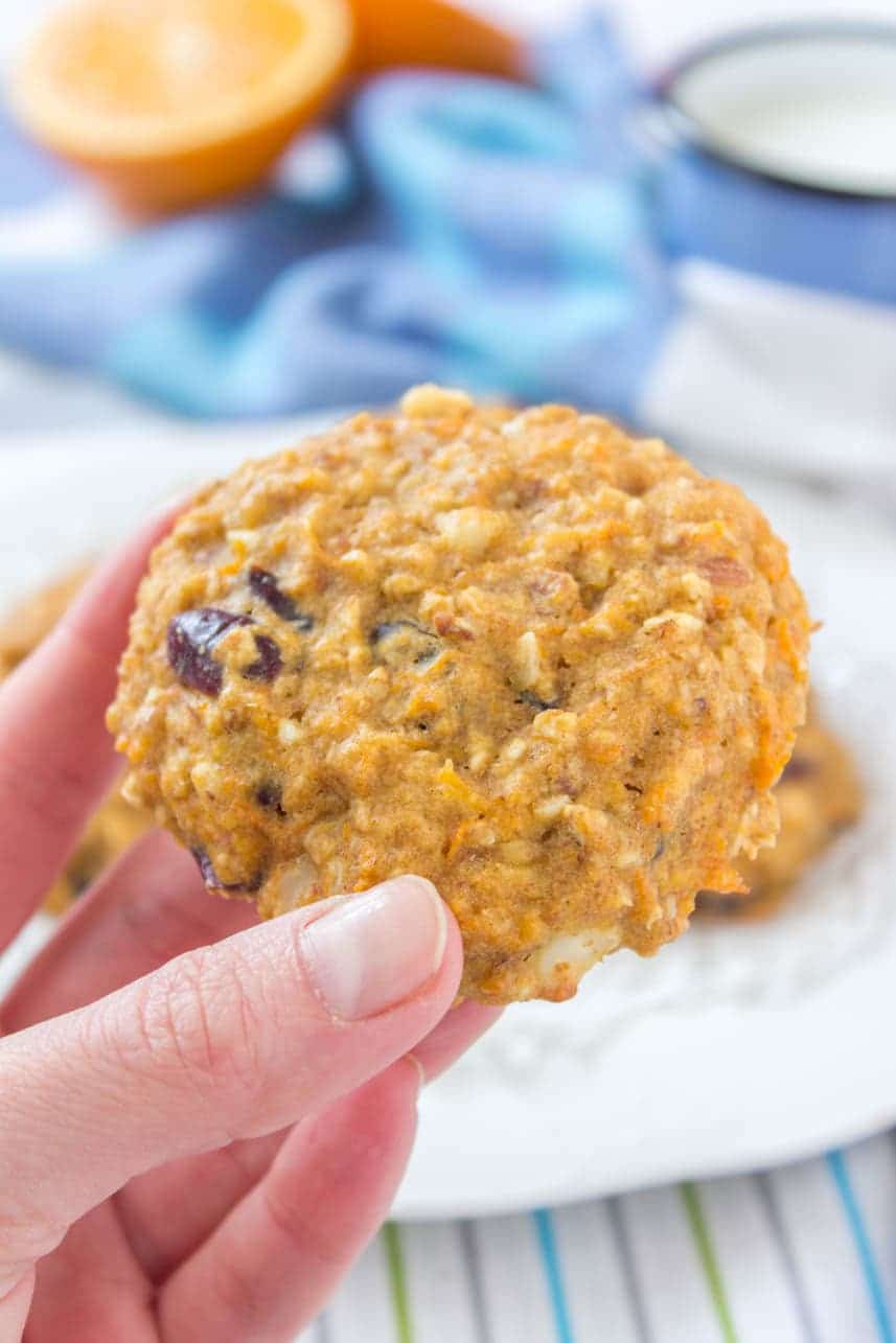 Healthy Orange Carrot Oatmeal Cookies with oats cranberries walnuts and ginger