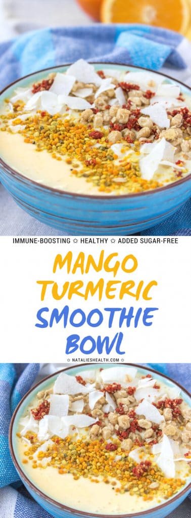 Orange Mango Turmeric Smoothie Bowl with coconut and probiotic kefir