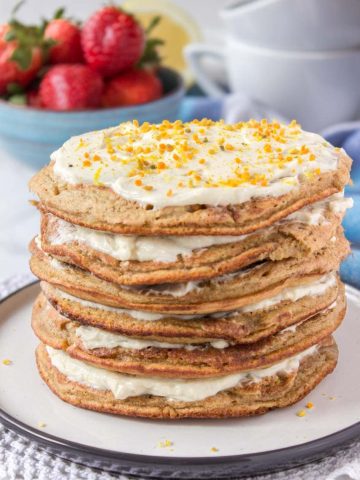Whole grain healthy Lemon Cardamom Pancakes with cream cheese filling and strawberries