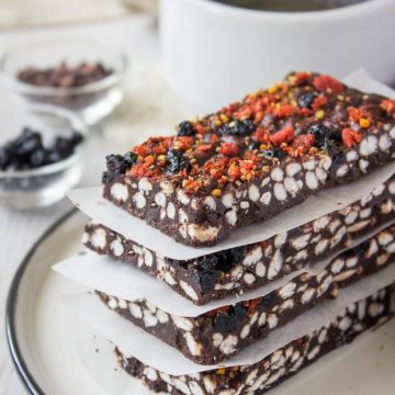 Raw Chocolate Peanut Butter Crunch Bars with puffed rice cereal