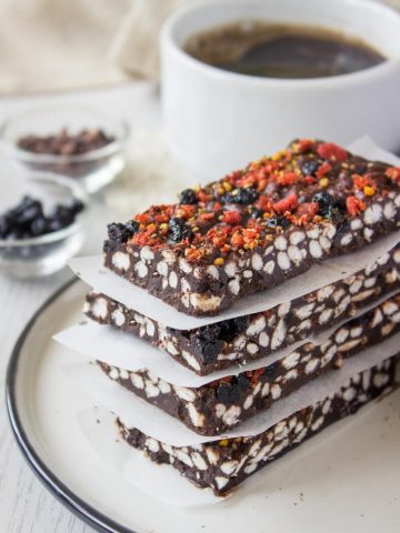 Raw Chocolate Peanut Butter Crunch Bars with puffed rice cereal