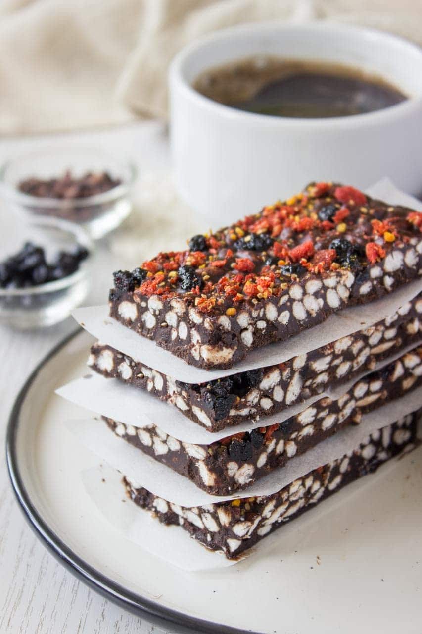 Raw Chocolate Peanut Butter Crunch Bars with puffed rice cereal