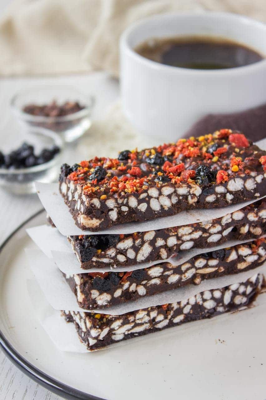 Raw Chocolate Peanut Butter Crunch Bars with puffed rice cereal