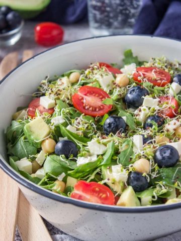 Arugula Spinach Blueberry Feta Salad with Avocado and Chickpeas