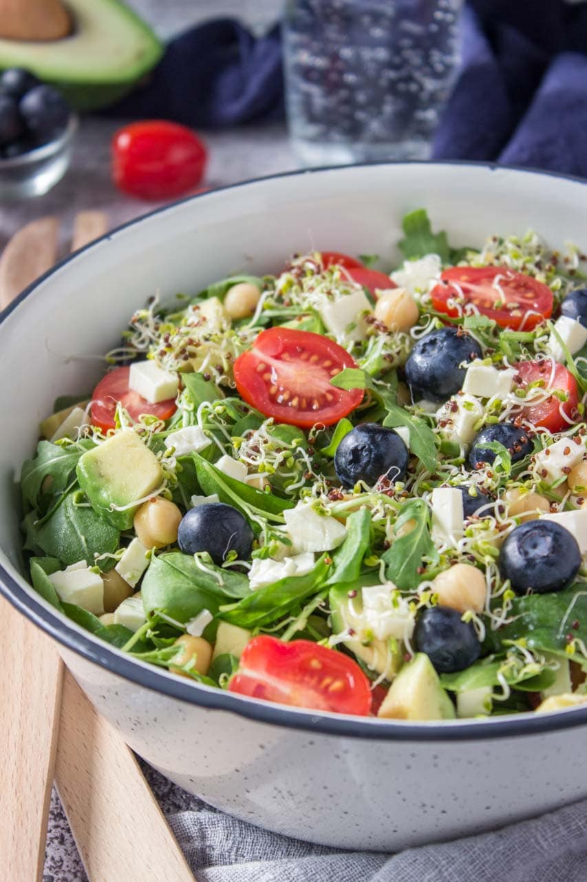 Arugula Spinach Blueberry Feta Salad with Avocado and Chickpeas