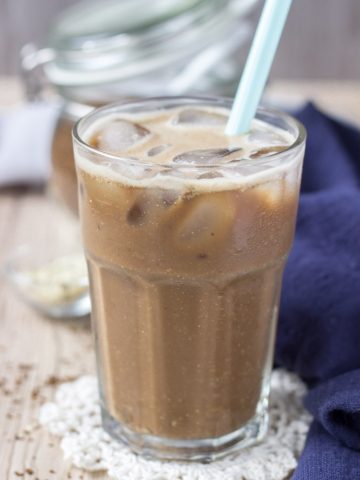 Added Sugar-free Iced Coffee Protein Shake with superfoods hemp seeds
