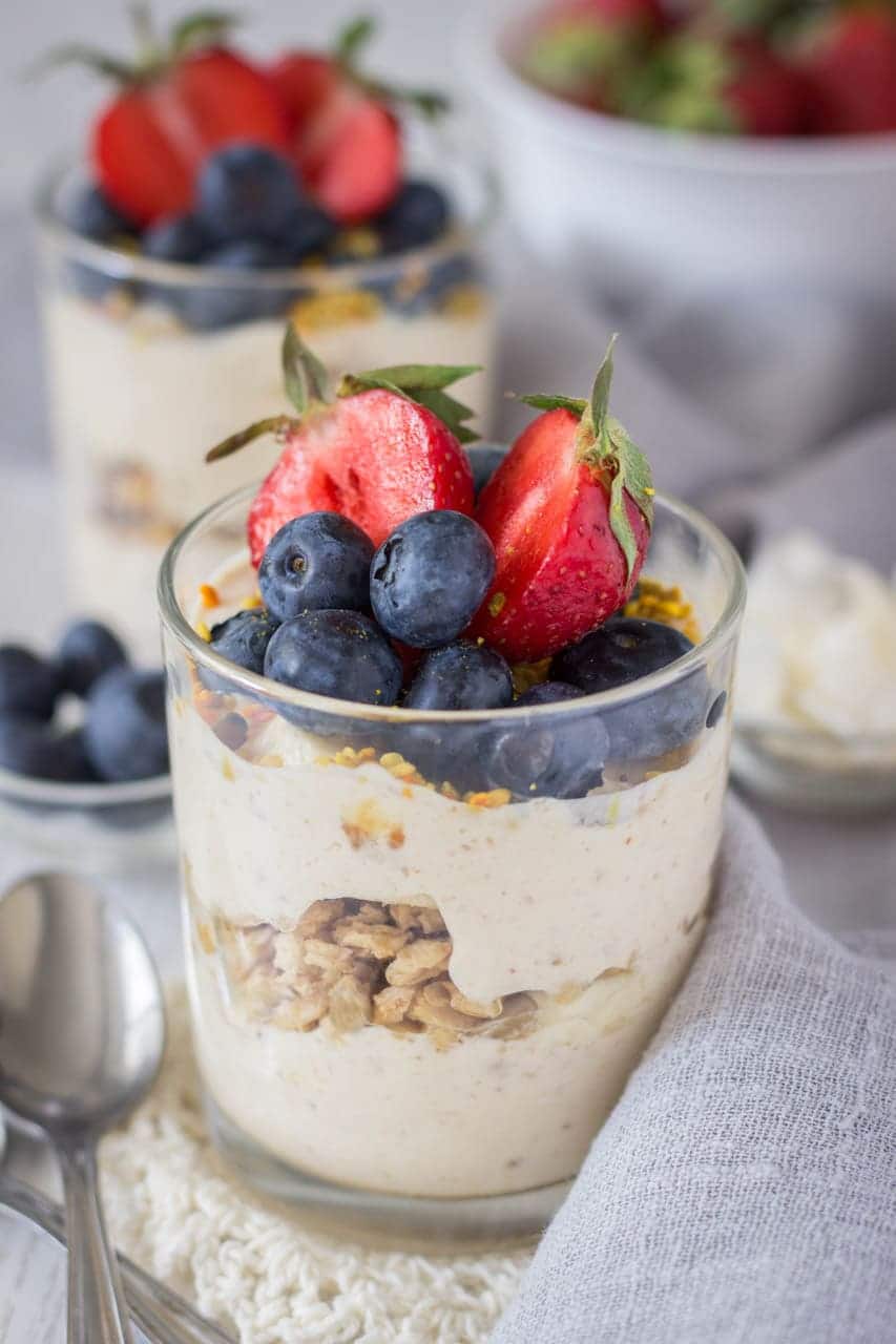 Peanut Butter Greek Yogurt Parfait cups made with peanut butter and honey cinnamon granola