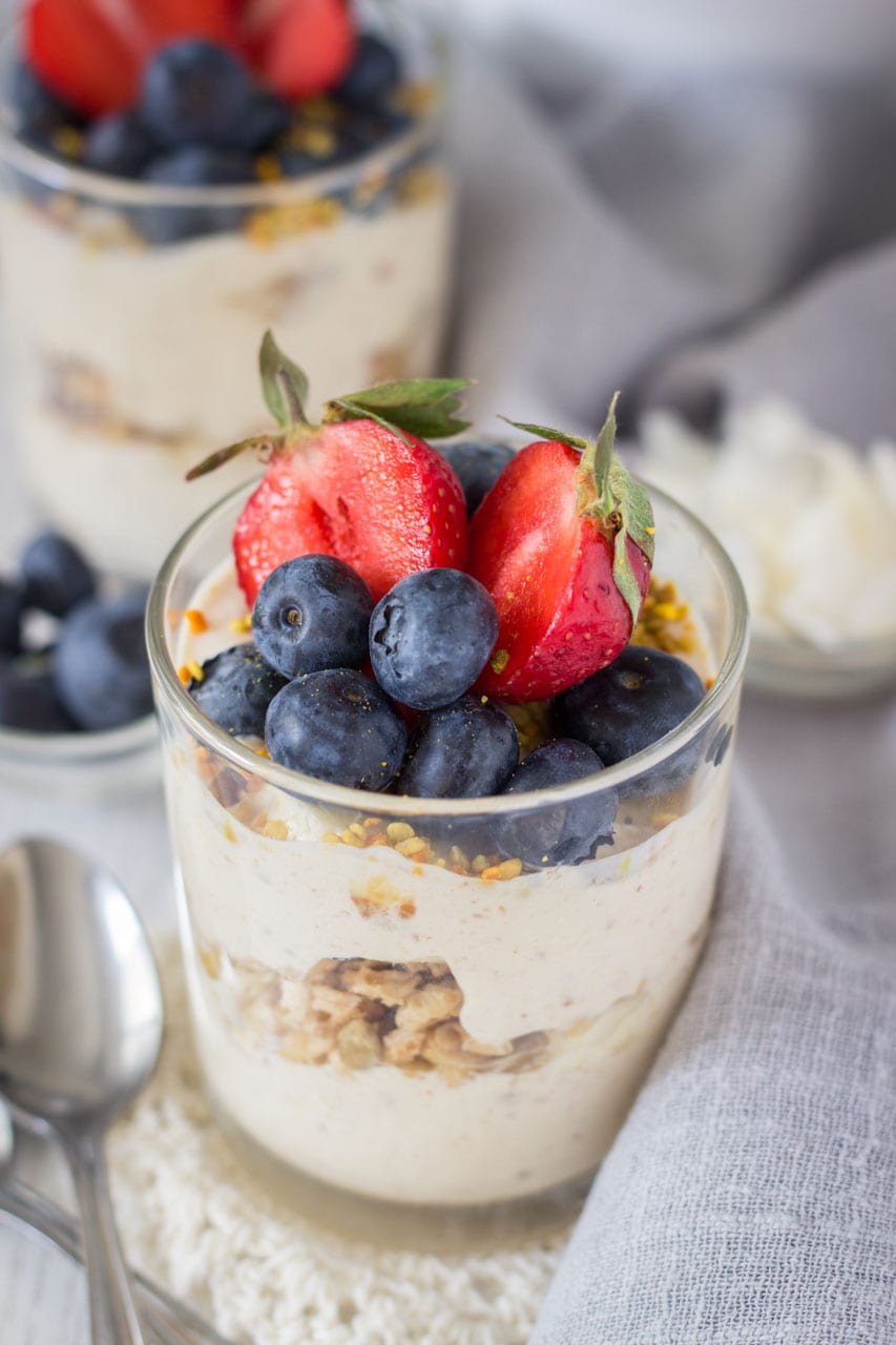 Peanut Butter Greek Yogurt Parfait cups made with peanut butter and honey cinnamon granola