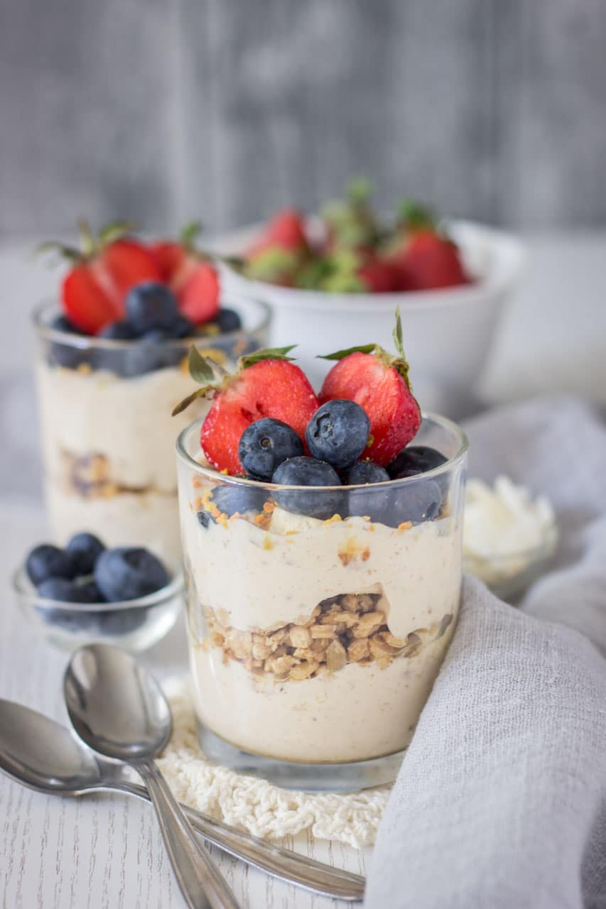 Peanut Butter Greek Yogurt Parfait cups made with peanut butter and honey cinnamon granola