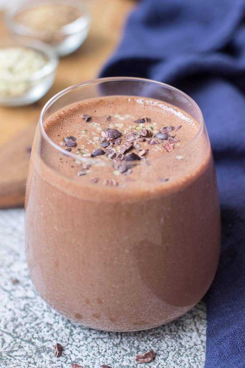 Chocolate Peanut Butter Smoothie made with cacao, hemp and flax seeds, sweetened with banana 