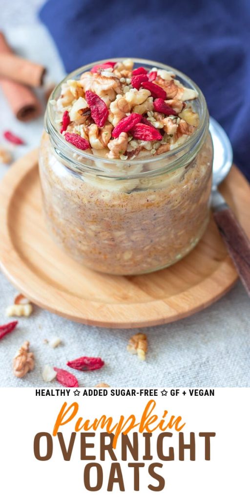 Pumpkin Overnight Oats topped with walnuts and goji berries