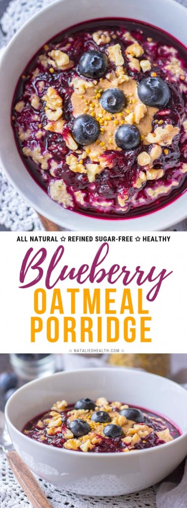 Blueberry Oatmeal Porridge is a delicious way to start your day! Cooked oatmeal is topped with homemade blueberry jam infused with grapefruit and FRESH ginger. This bowl is filled with so many nutrients and SUPERFOODS and it's made without ADDED SUGARS.