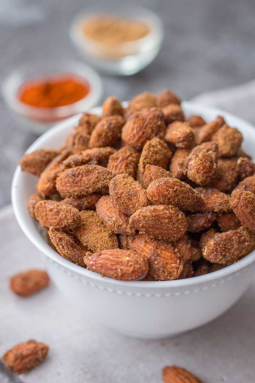 Spicy Cinnamon Roasted Almonds served in a bowl