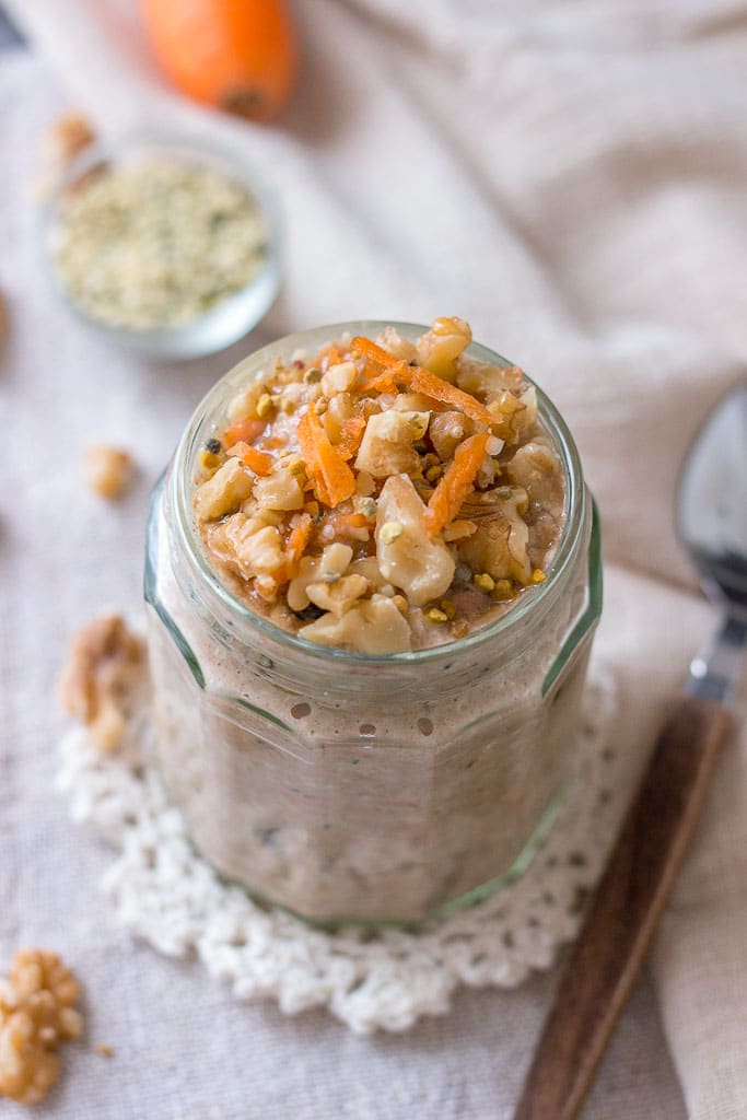 Healthy breakfast Carrot Cake Overnight Oats with raisins and walnuts