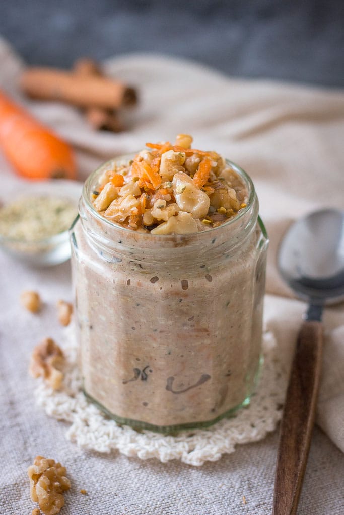 Healthy breakfast Carrot Cake Overnight Oats with raisins and walnuts