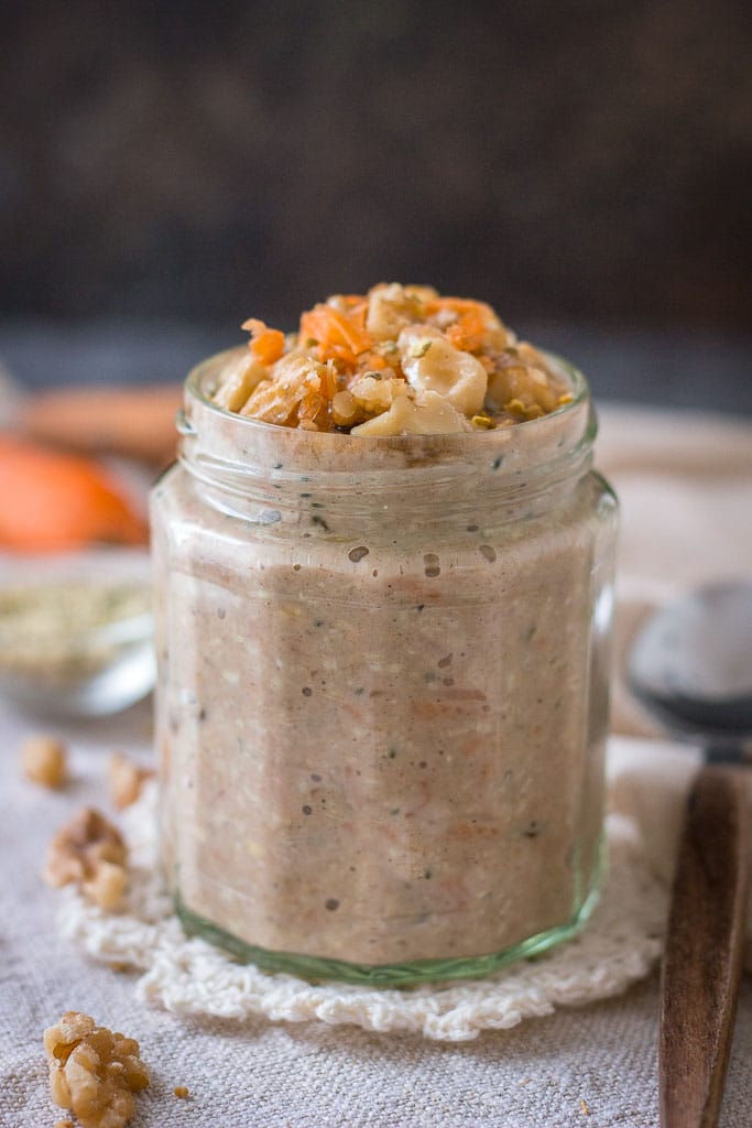 Healthy breakfast Carrot Cake Overnight Oats with raisins and walnuts