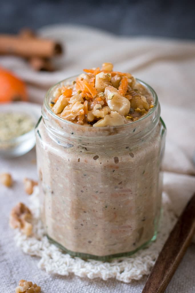 Easy breakfast Carrot Cake Overnight Oats with raisins and walnuts